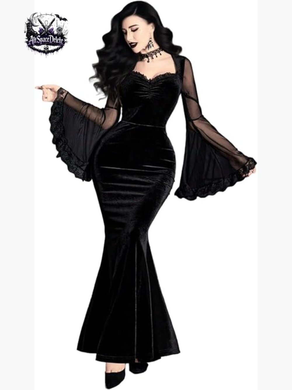 Velvet Mermaid Dress with Mesh Bell Sleeves Lace Trim Fitted Maxi